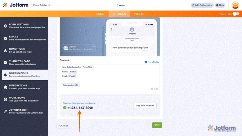 Jotform Form Builder Notification Settings Verified Connected Phone Number