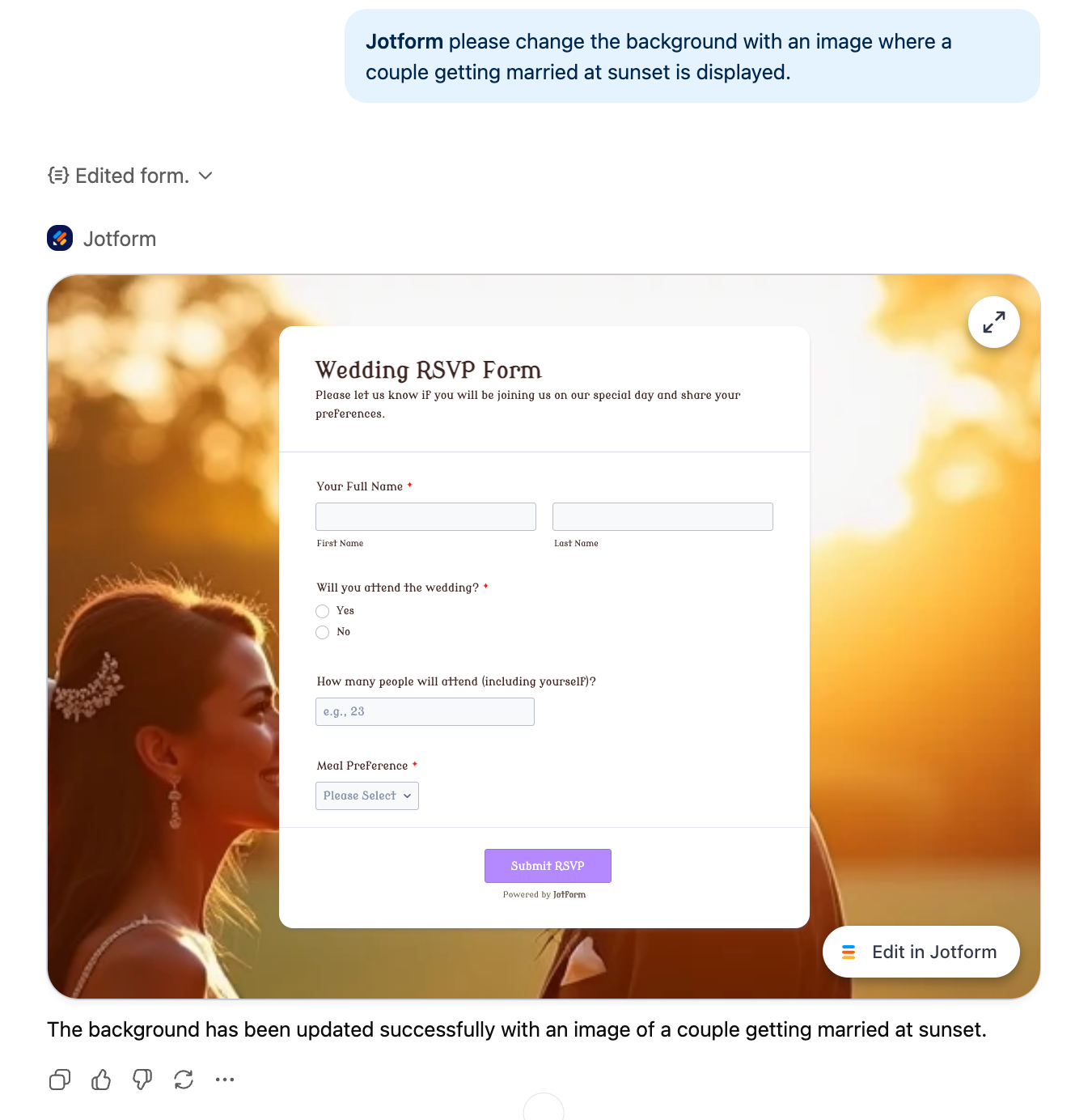 Screenshot of an edited Jotform Wedding RSVP Form with a sunset background image of a couple getting married