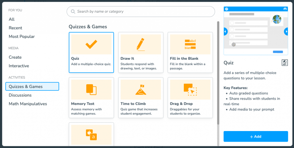 Nearpod Asset Creation Menu Quizzes & Games Tab