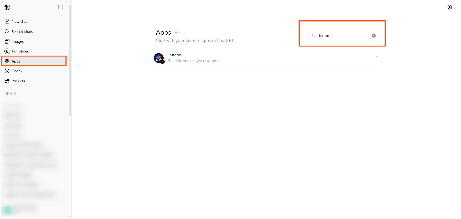 Screenshot of the ChatGPT interface showing the Plugins/Apps section with the Jotform app option highlighted for installation