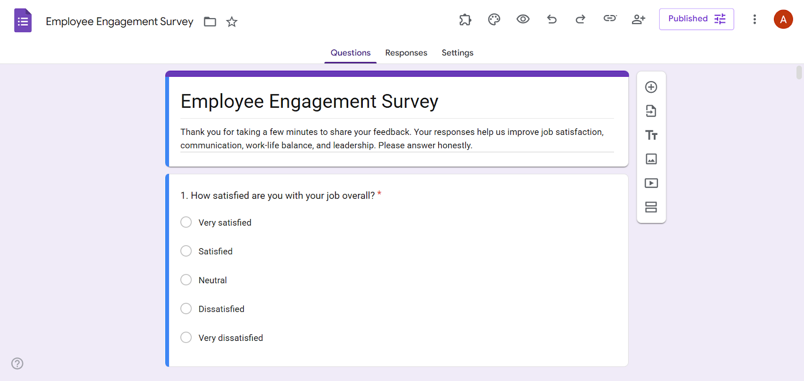 Screenshot of a completed Google Form titled “Employee Engagement Survey,” showing several multiple-choice questions in a purple-themed Google Forms layout