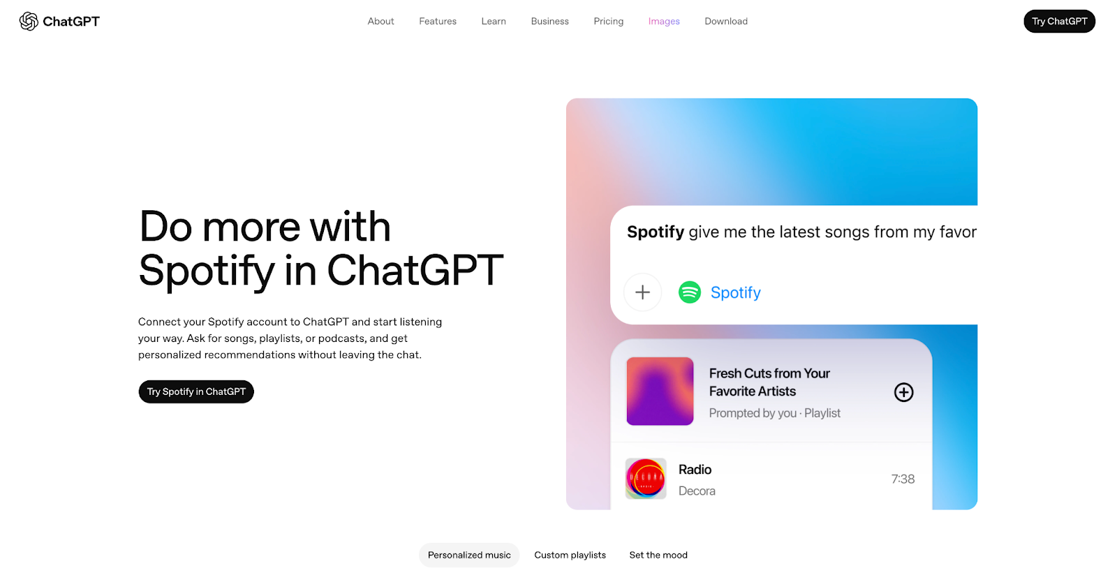 Spotify ChatGPT app page with the headline “Do more with Spotify in ChatGPT