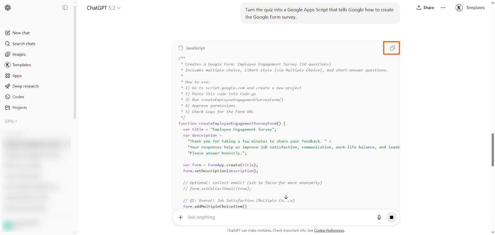 Screenshot of a Google Apps Script editor showing JavaScript code pasted from ChatGPT, with instructions to run the script that creates a Google Form