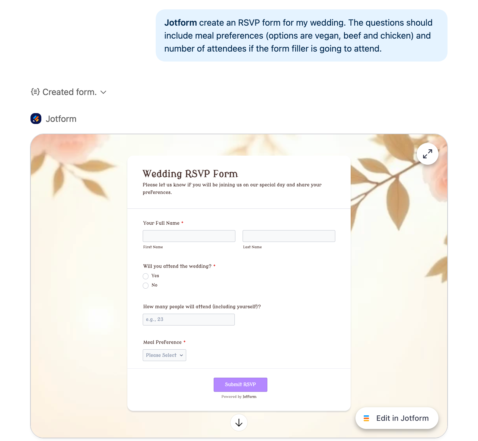 Screenshot of Jotform generating a wedding RSVP form based on a prompt
