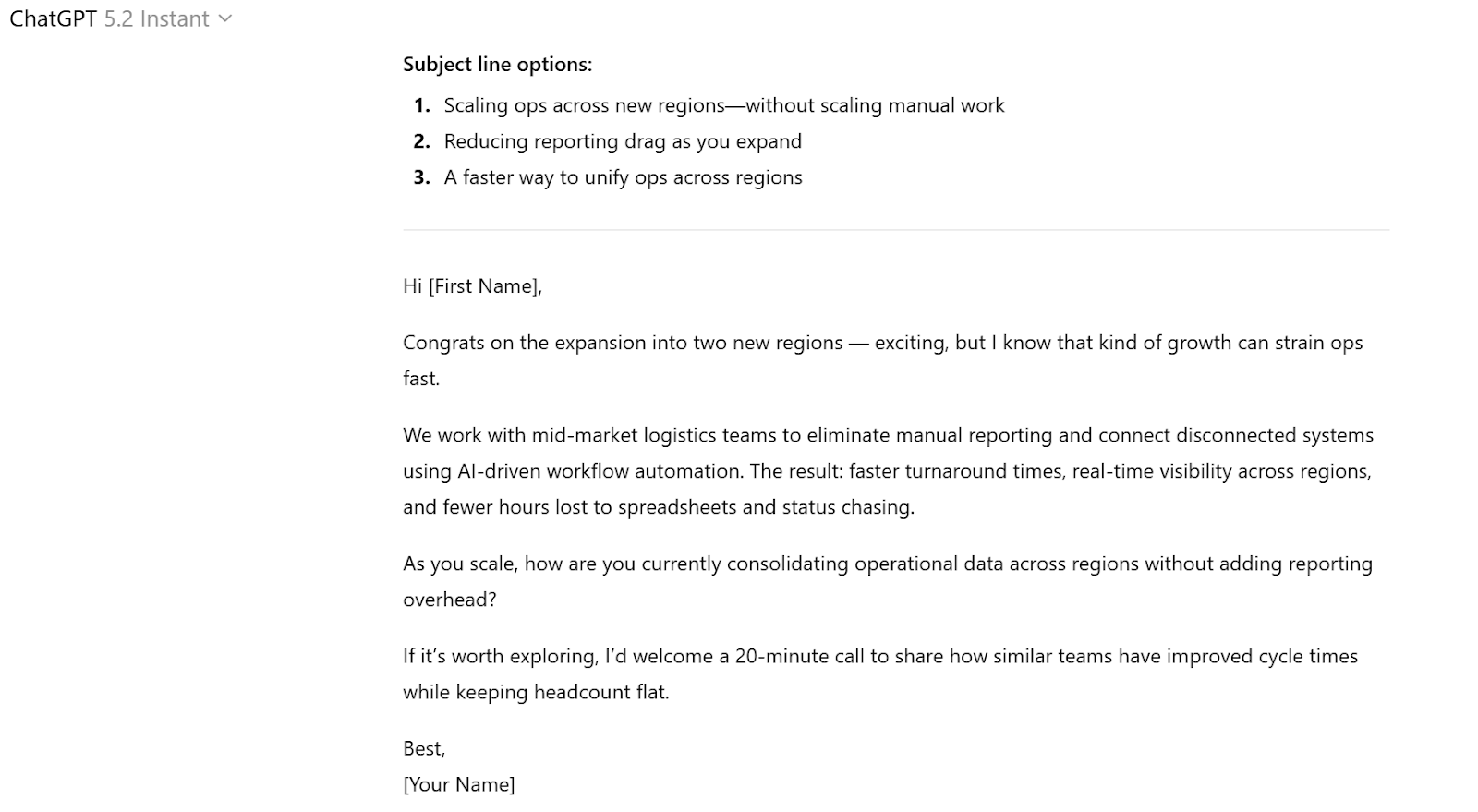 Screenshot shows the ChatGPT output from a sales prompt related to the use case: Writing High-Converting Prospecting Emails