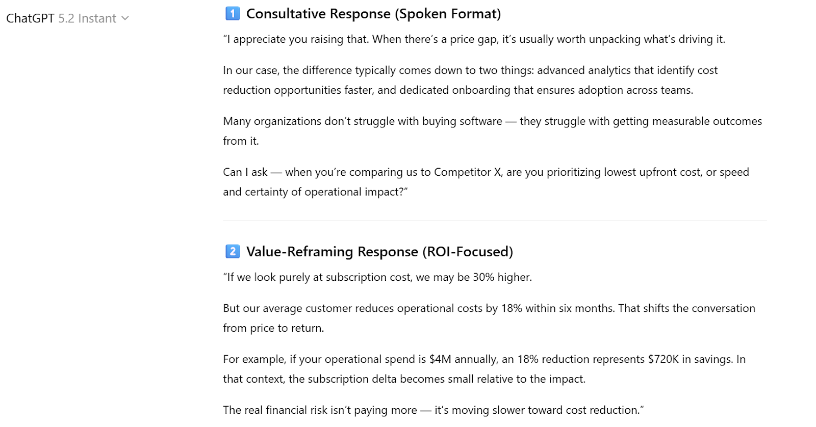 Screenshot shows the ChatGPT output from a sales prompt related to the use case: Handling Objections with Strategic Framing