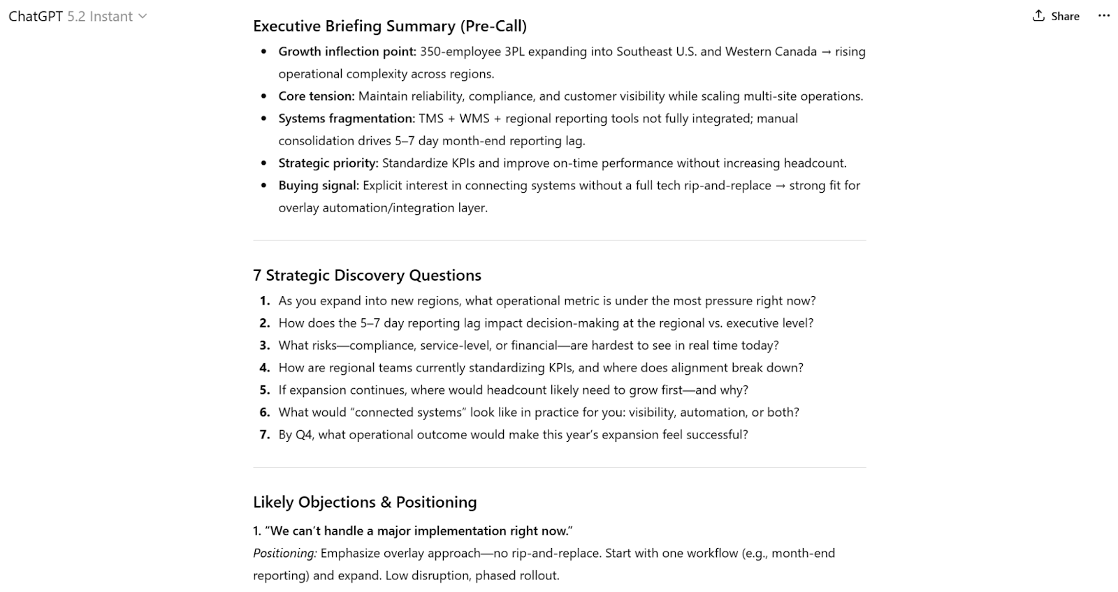 Screenshot shows the ChatGPT output from a sales prompt related to the use case: Preparing for Discovery Calls