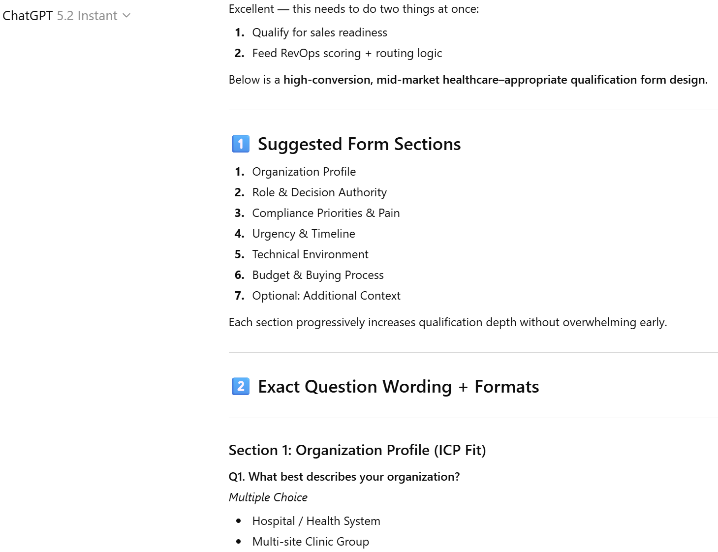 Screenshot shows the ChatGPT output from a sales prompt related to the use case: Creating Structured Lead Qualification Forms