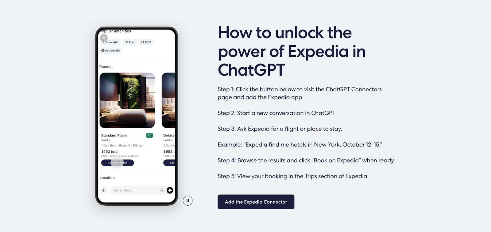 Promotional page titled “How to unlock the power of Expedia in ChatGPT,” showing step-by-step instructions for adding the Expedia Connector