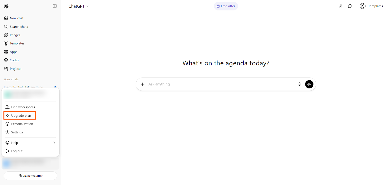 ChatGPT sidebar menu open with “Upgrade plan” highlighted near the lower-left account menu