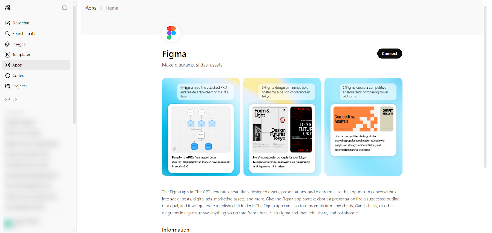 Figma app page in the ChatGPT Apps page, displaying the app description
