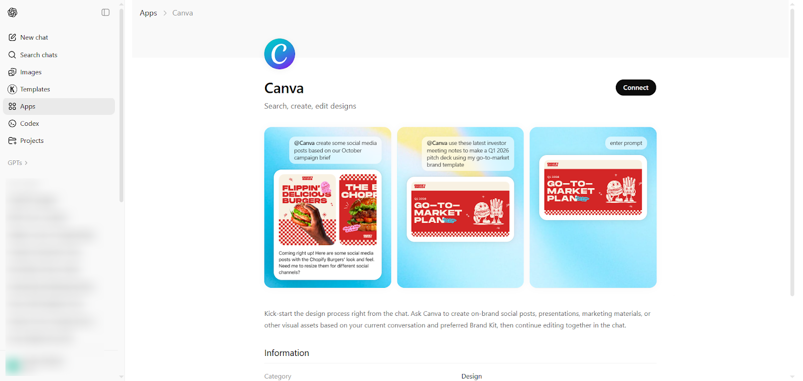 Canva app page in the ChatGPT Apps page, displaying the app description