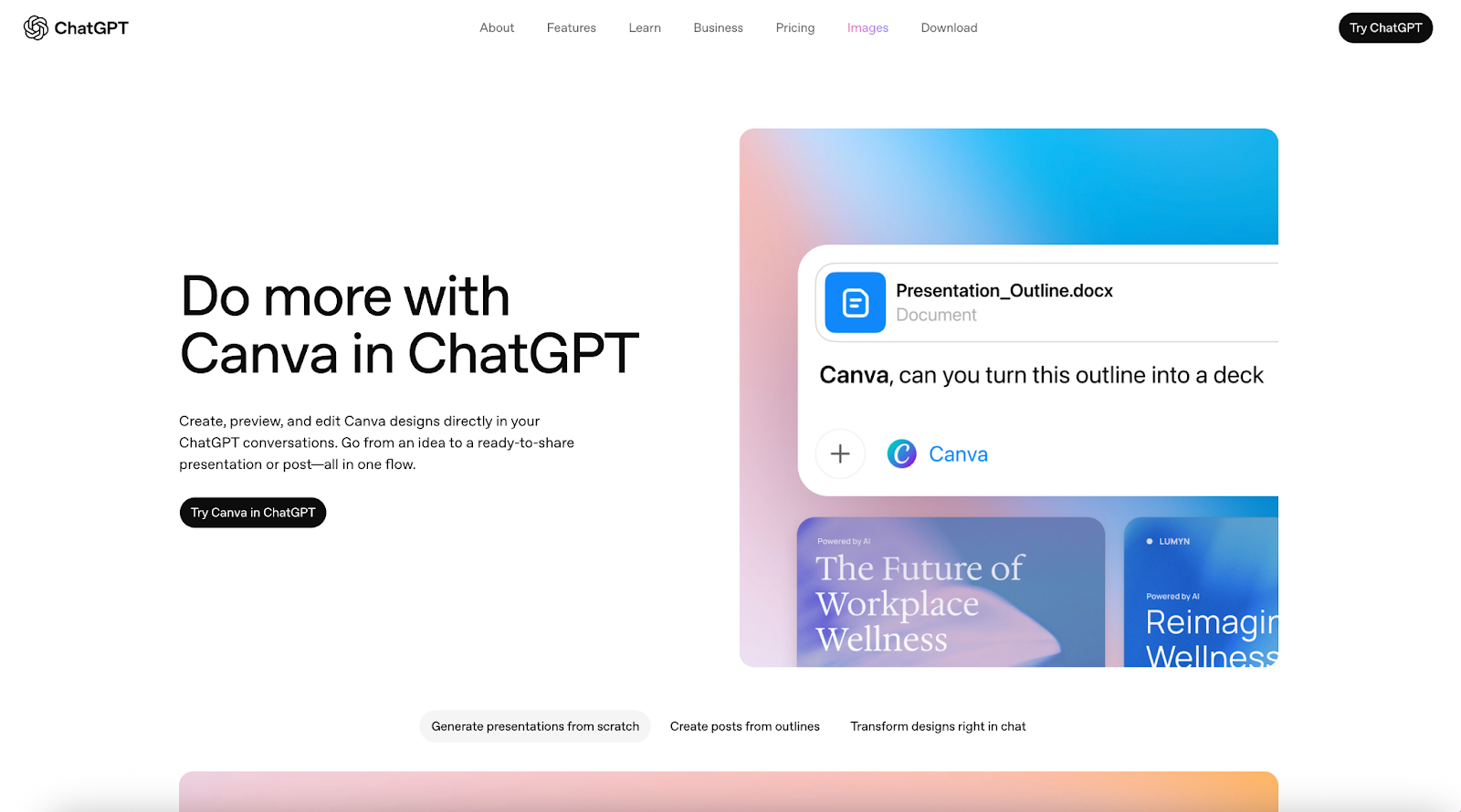 ChatGPT's webpage promoting Canva integration