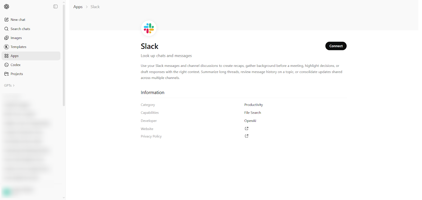 Slack app page in the ChatGPT Apps page, displaying the app description