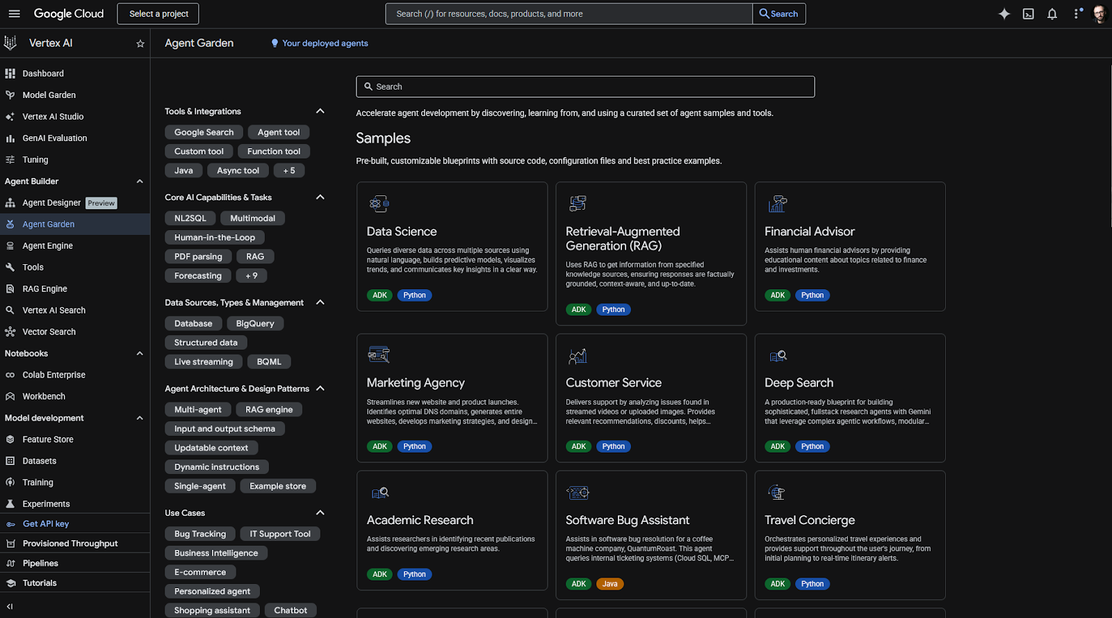 Google Cloud's Agent Garden in Vertex AI showing sample agent blueprints