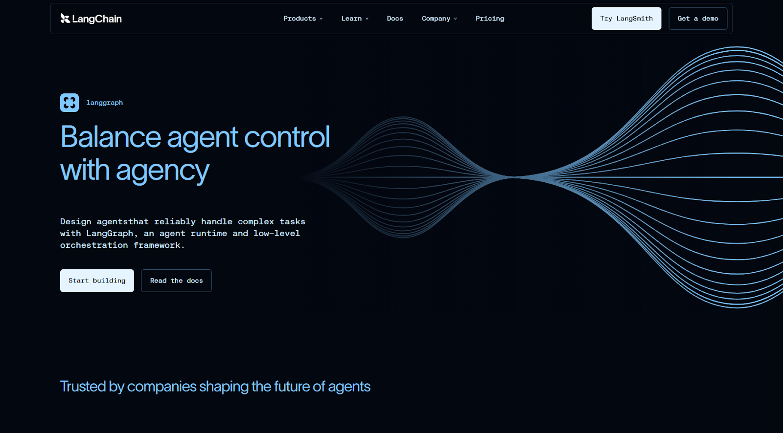 LangChain website with the words: "Balance agent control with agency"