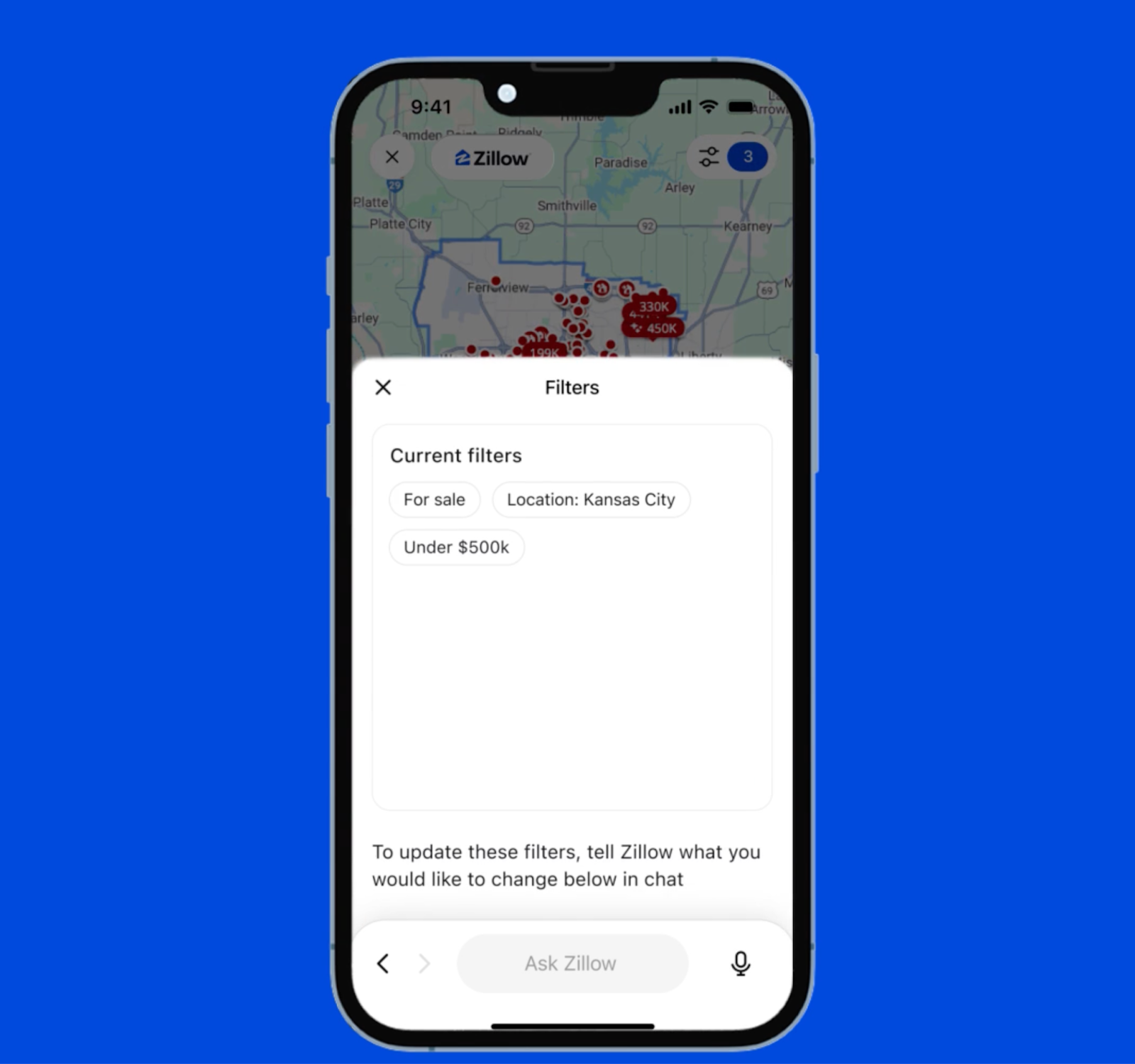 Zillow ChatGPT app section showing a smartphone screen with real estate map listings and filter options such as location and price range