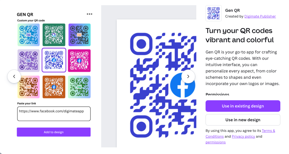 Screenshot of the Gen QR Canva app page showing colorful QR code examples and an option to add them to a design