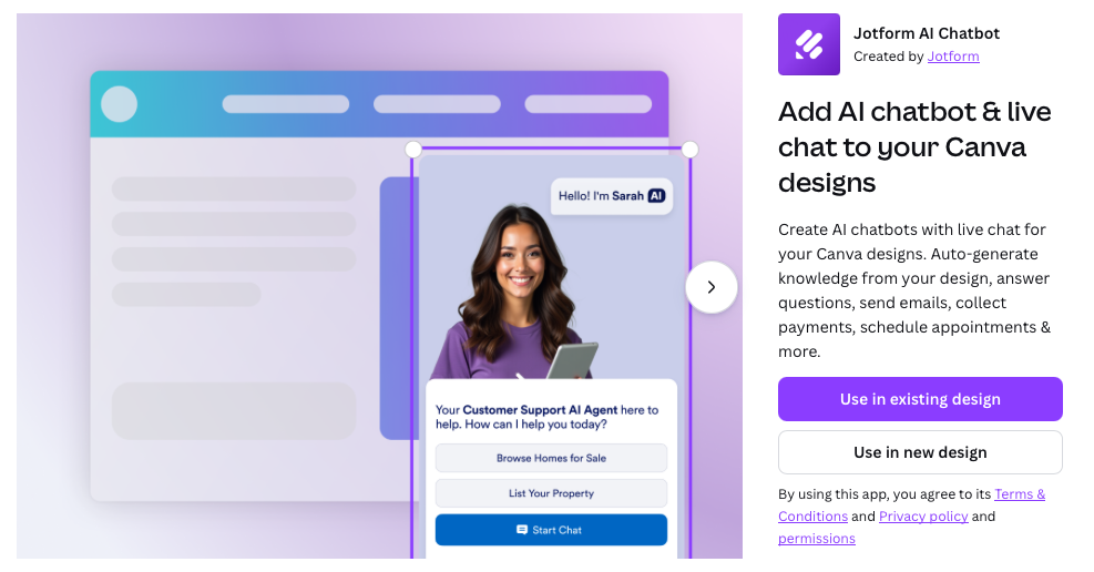 Screenshot of the Jotform AI Chatbot app page in Canva, showing a preview of a chatbot embedded in a design and buttons to use the app in an existing or new design