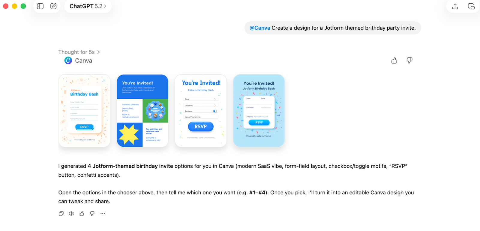 Screenshot of ChatGPT displaying Canva-generated design options for a birthday invitation with multiple editable design previews