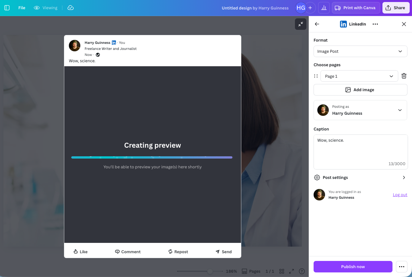 Canva editor displaying the LinkedIn share panel with caption fields and publishing options