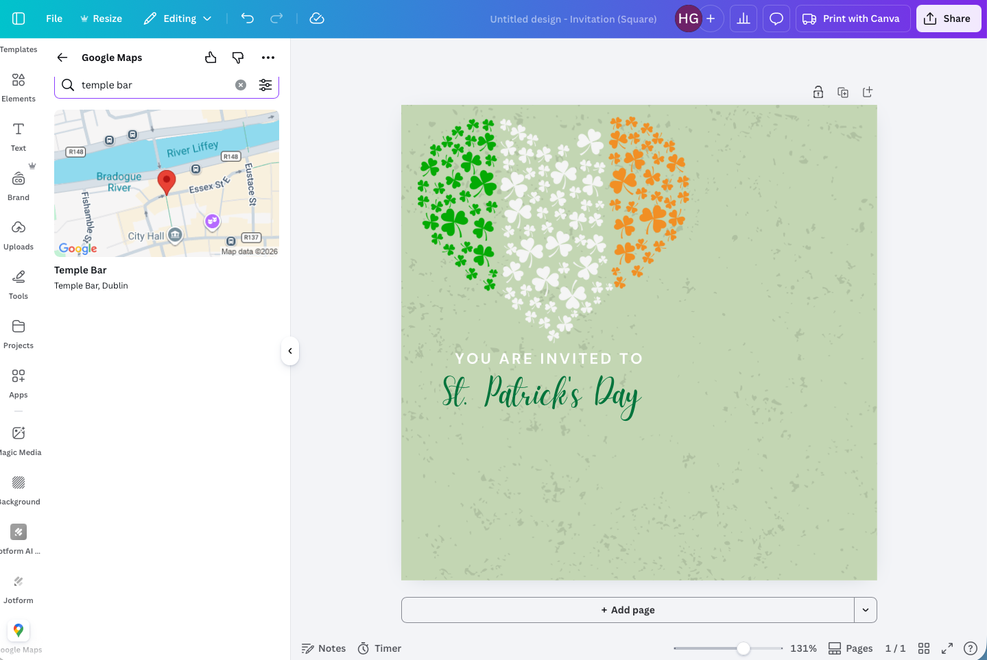 Canva editor with the Google Maps app open in the sidebar showing a location search and map preview