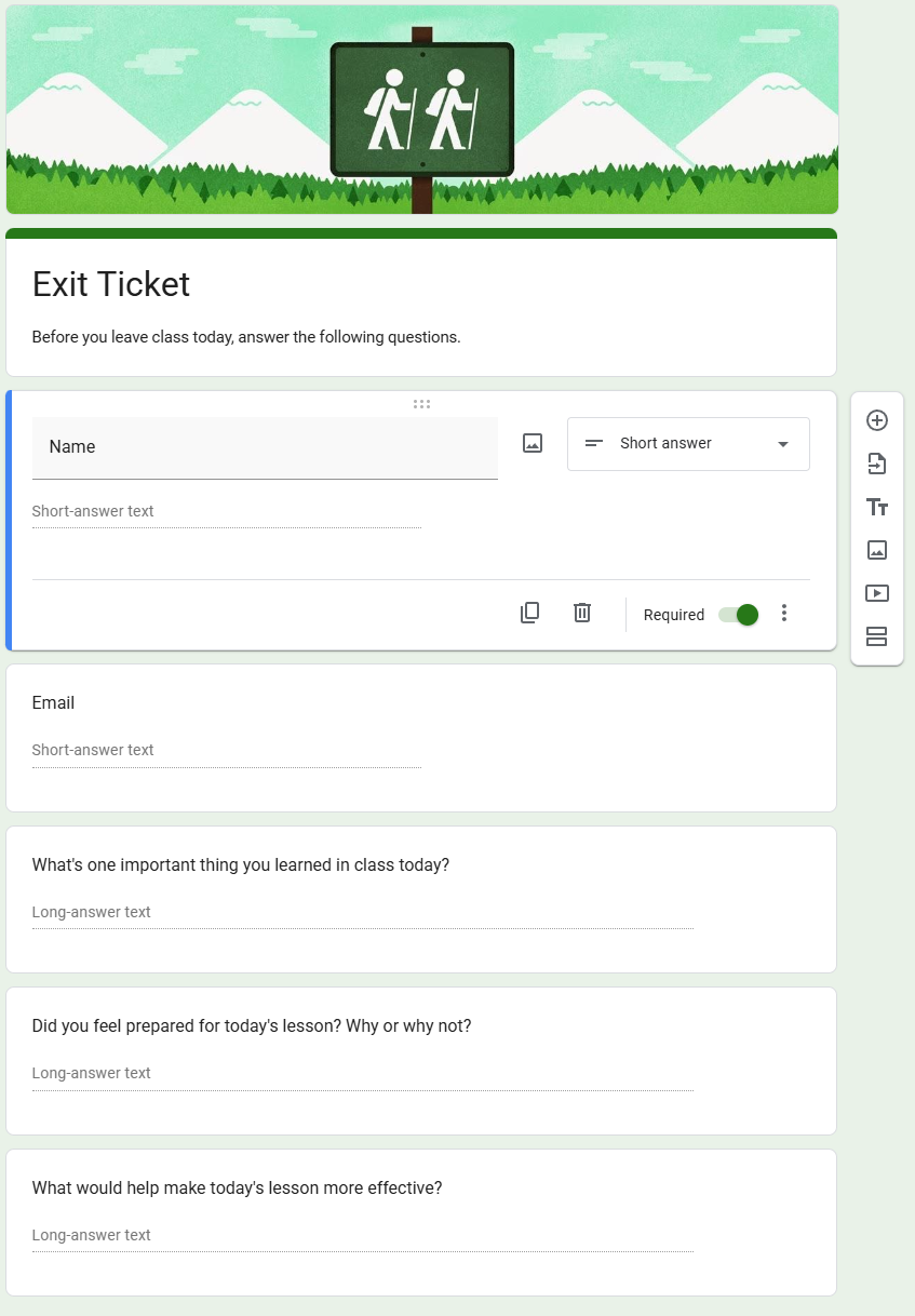 Google Forms editor showing an “Exit Ticket” form with a green mountain banner image at the top