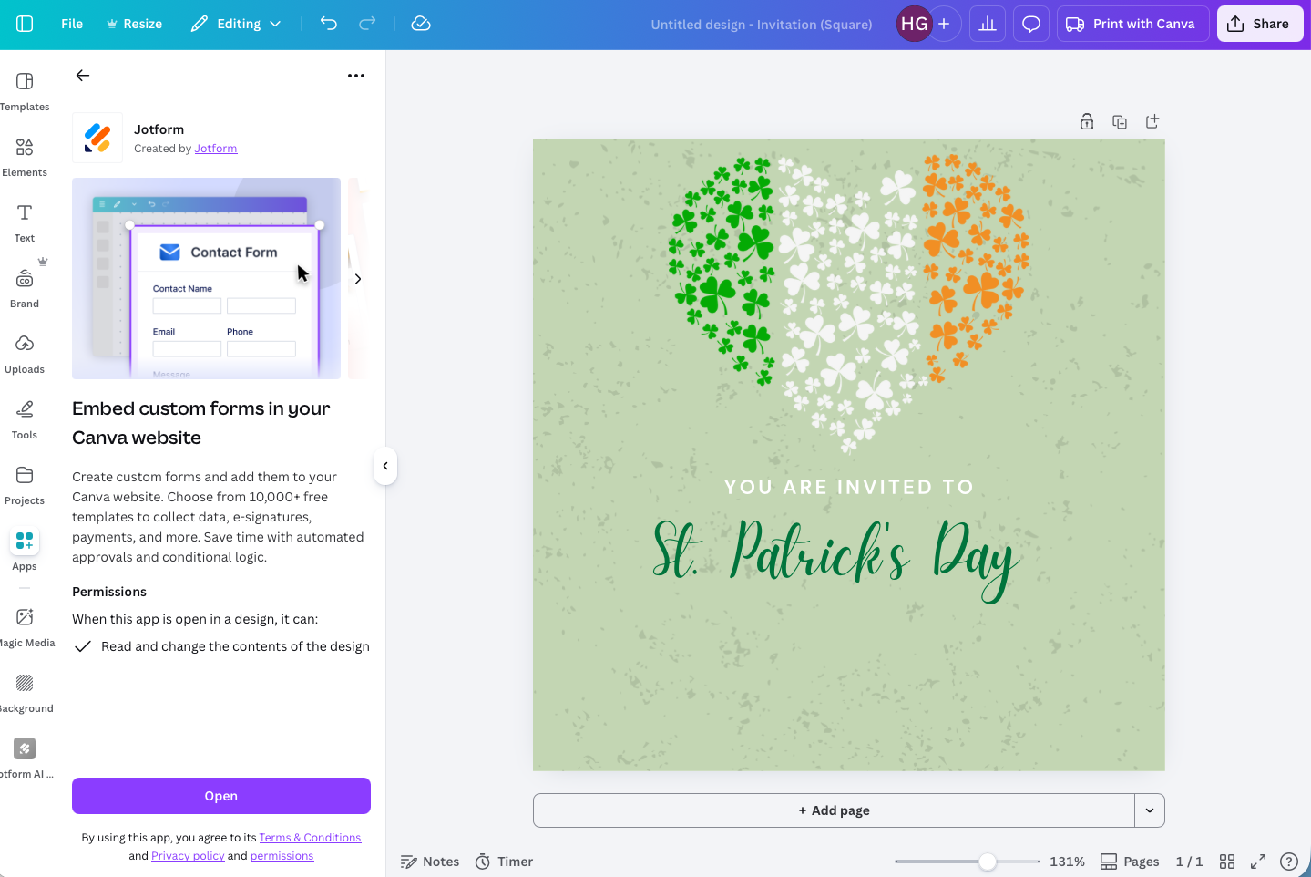 Screenshot of Canva editor showing the Jotform app sidebar with a contact form preview and a St