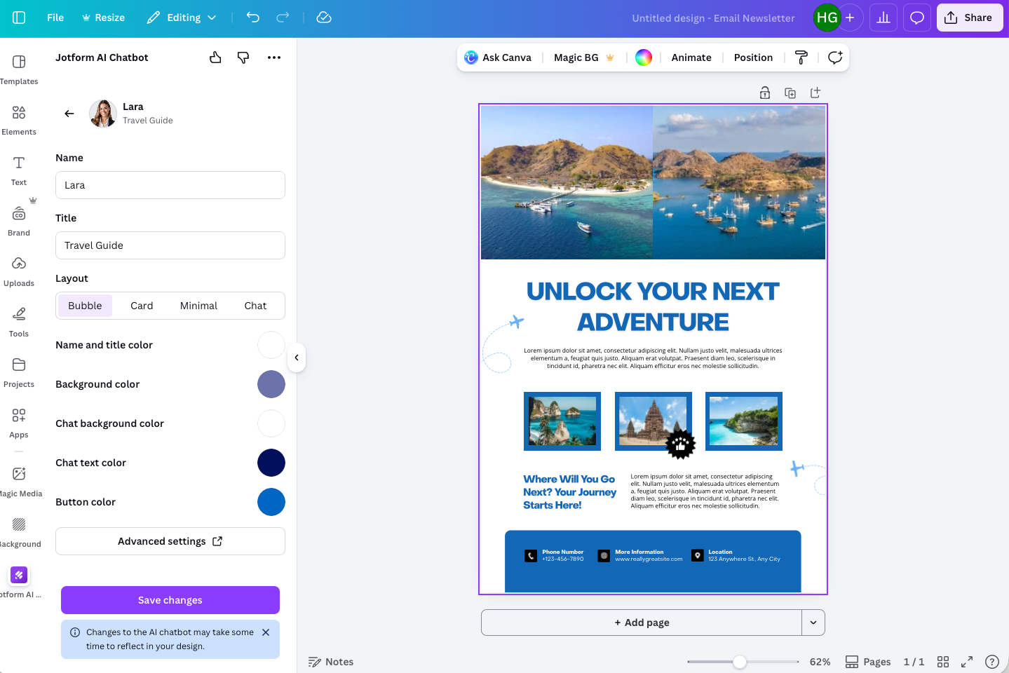 Screenshot of the Canva editor with the Jotform AI Chatbot sidebar open, showing chatbot customization settings next to a travel-themed newsletter design