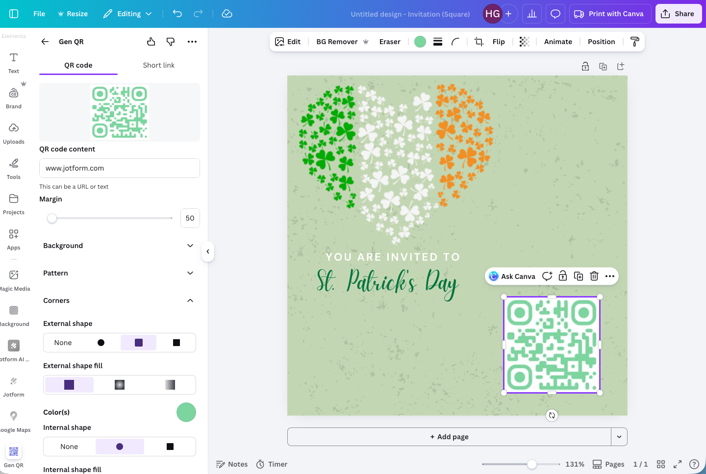 Screenshot of Canva editor showing QR code styling settings such as colors and shapes in the Gen QR app panel
