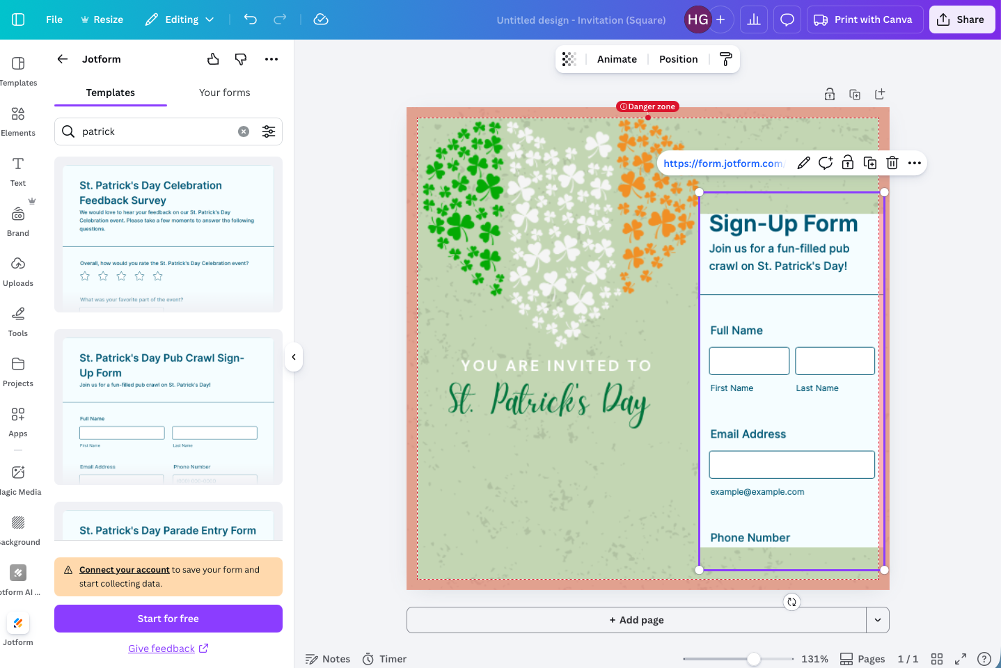 Screenshot of Canva editor displaying the Jotform templates panel and a St