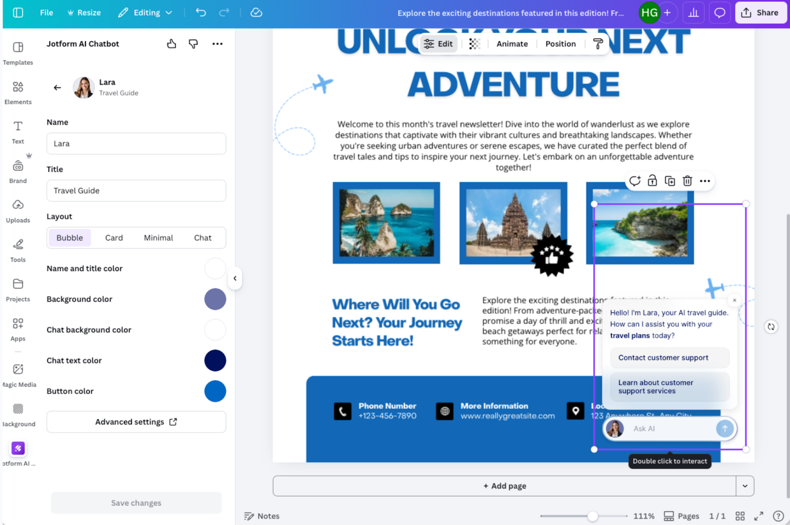Screenshot of the Canva editor showing the Jotform AI Chatbot added to a travel newsletter layout, with the chatbot widget visible on the right side of the design