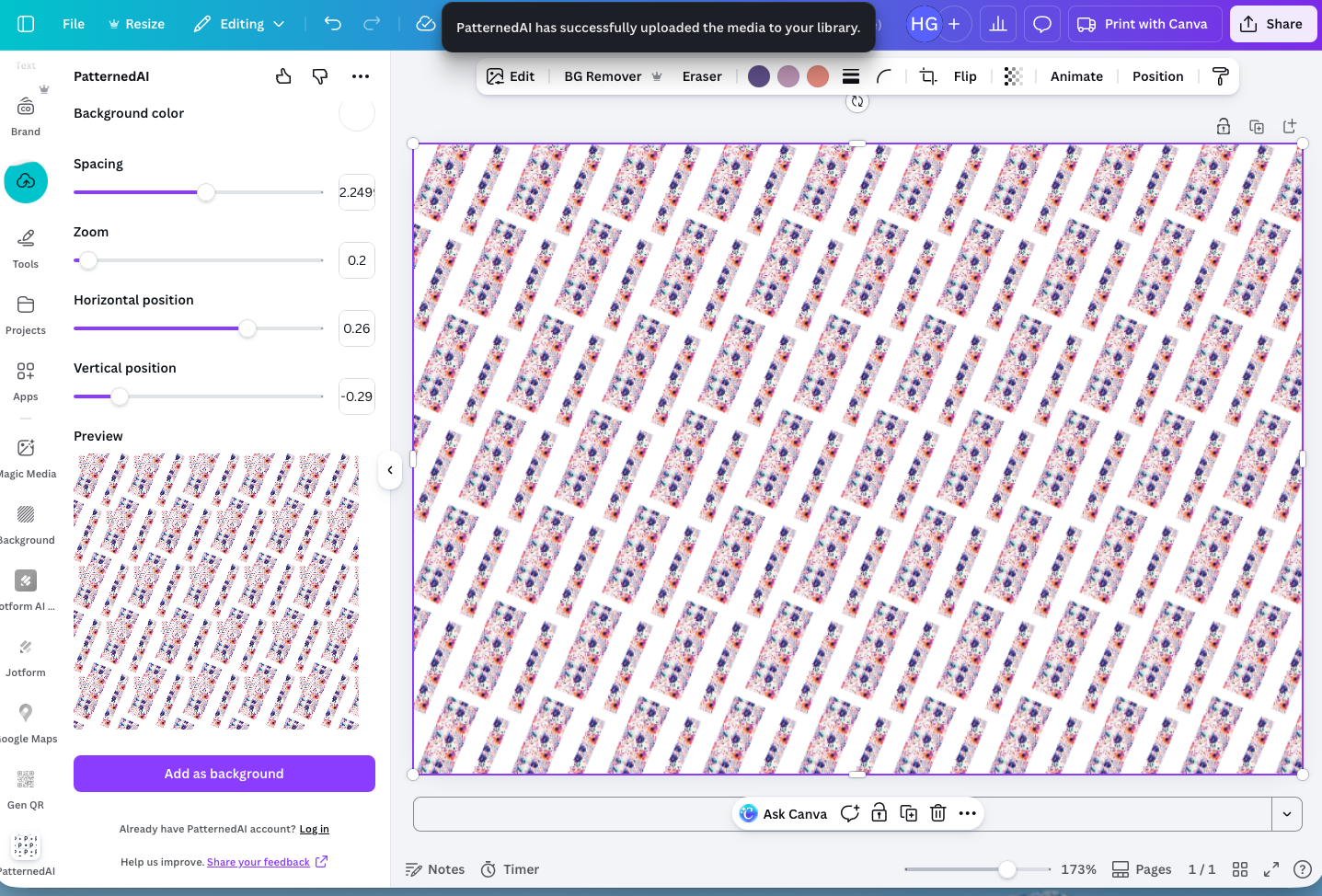 Screenshot of Canva editor showing pattern customization controls and a repeating pattern applied to the design background