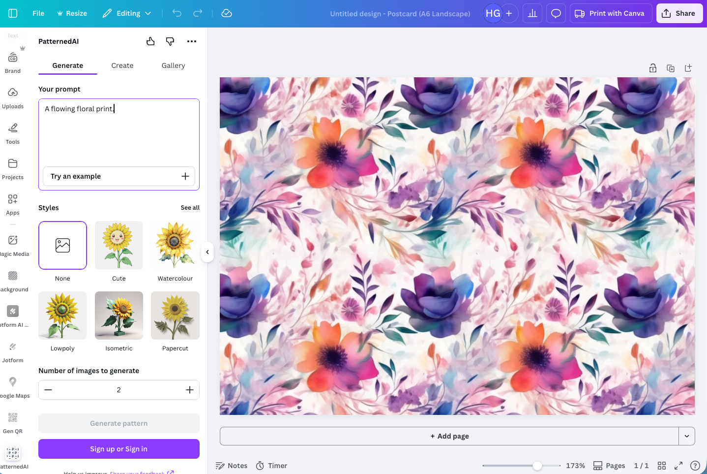 Canva editor with PatternedAI sidebar open showing prompt options and a floral pattern preview on the canvas