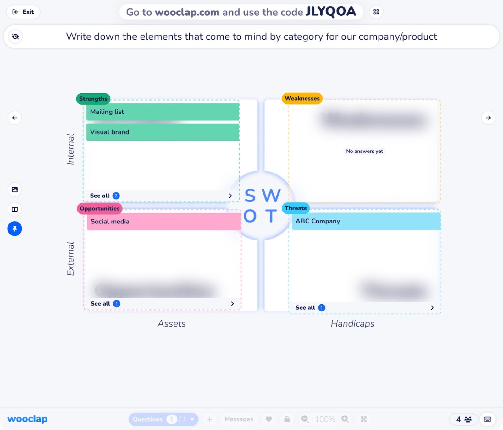 Tablero interactivo de Wooclap mostrando respuestas de lluvia de ideas categorizadas de los participantes durante una sesión de capacitación en vivo