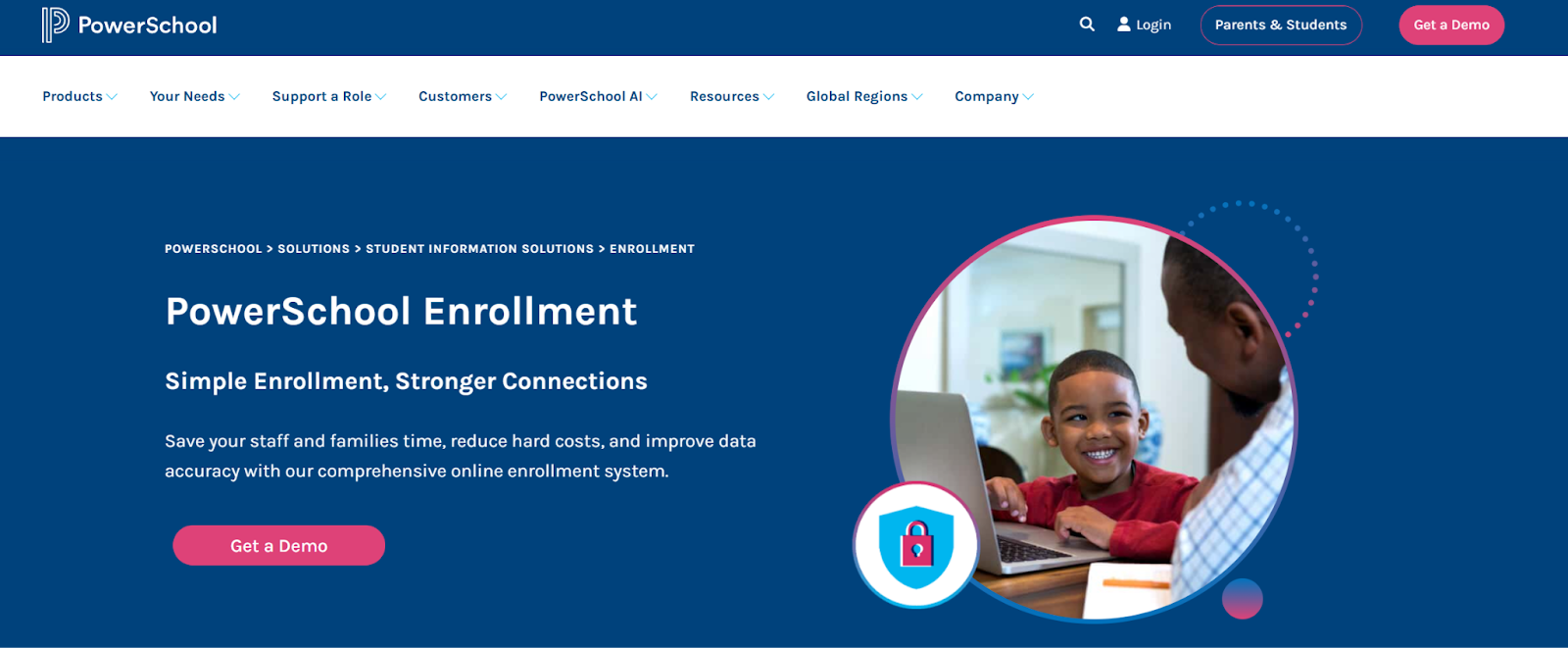 Screenshot of PowerSchool's landing page, showing a headline "PowerSchool Enrollment"