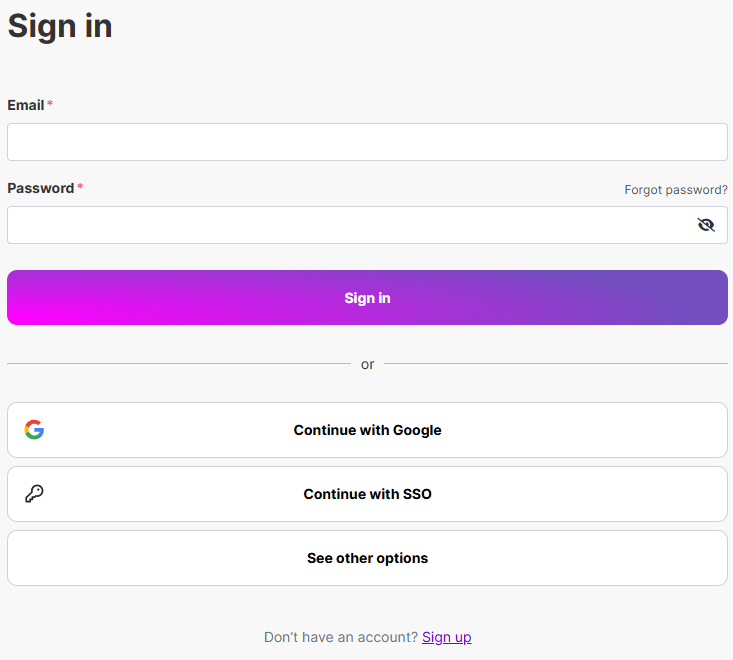 Make login screen with email, password fields, and sign-in button as part of setup instructions