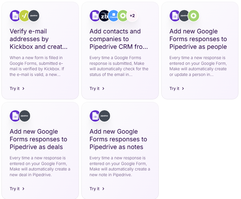 Make template gallery displaying Google Forms and Pipedrive automation scenarios, such as adding contacts and deals from form responses