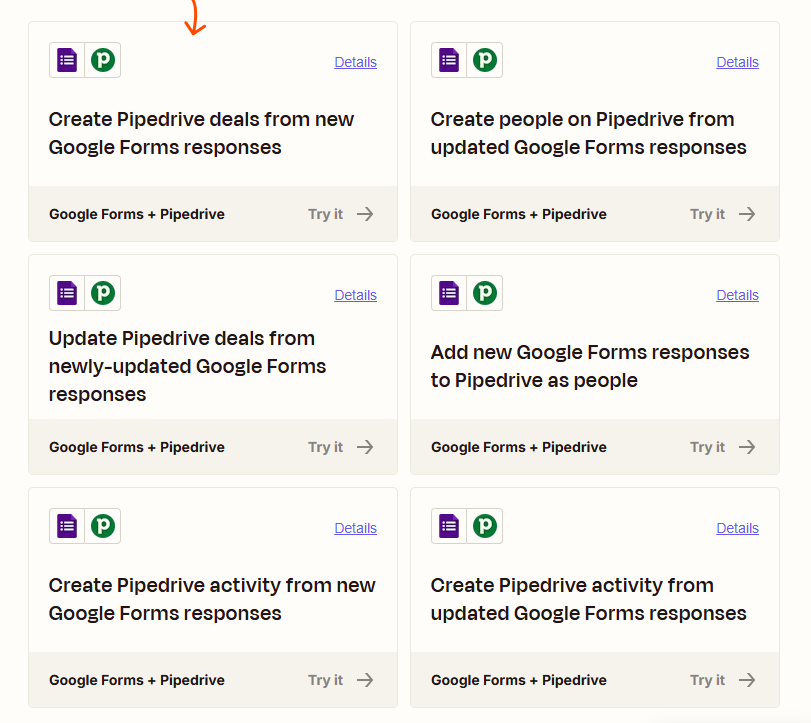Zapier template gallery displaying Google Forms and Pipedrive automation workflows, including creating activities, deals, and notes from form responses