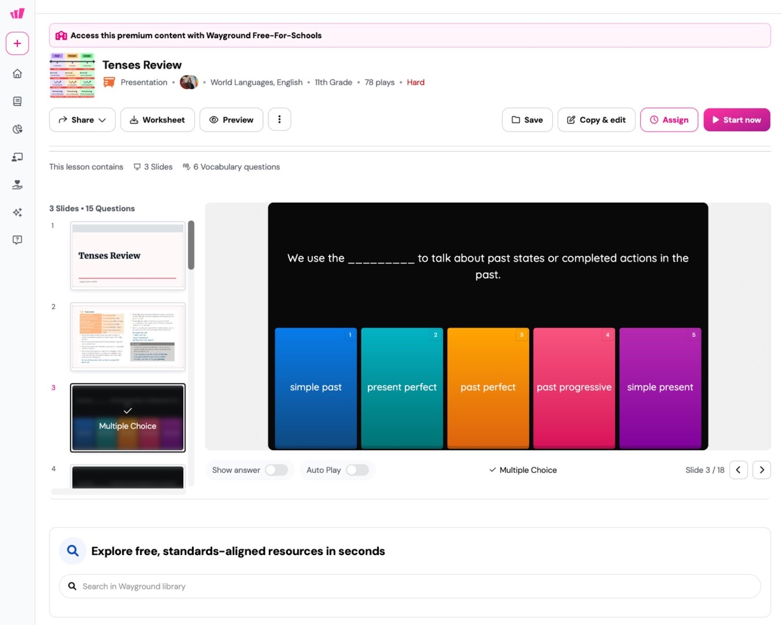 Editor de cuestionarios de Wayground mostrando una pregunta de opción múltiple con opciones de respuesta coloridas y panel de navegación de diapositivas