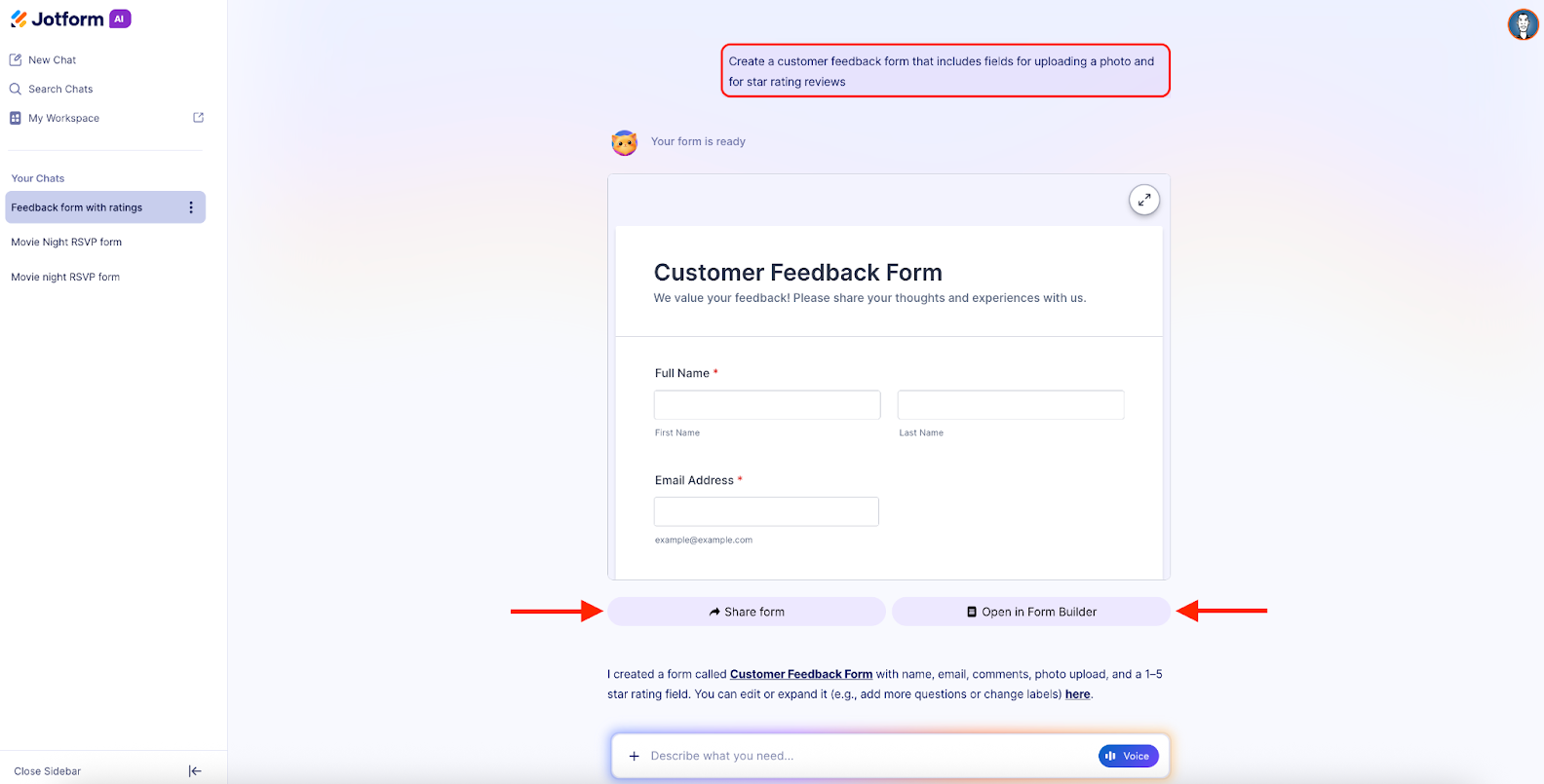 Viewing the Share form and Open in Form Builder options under the Customer Feedback Form in Jotform AI