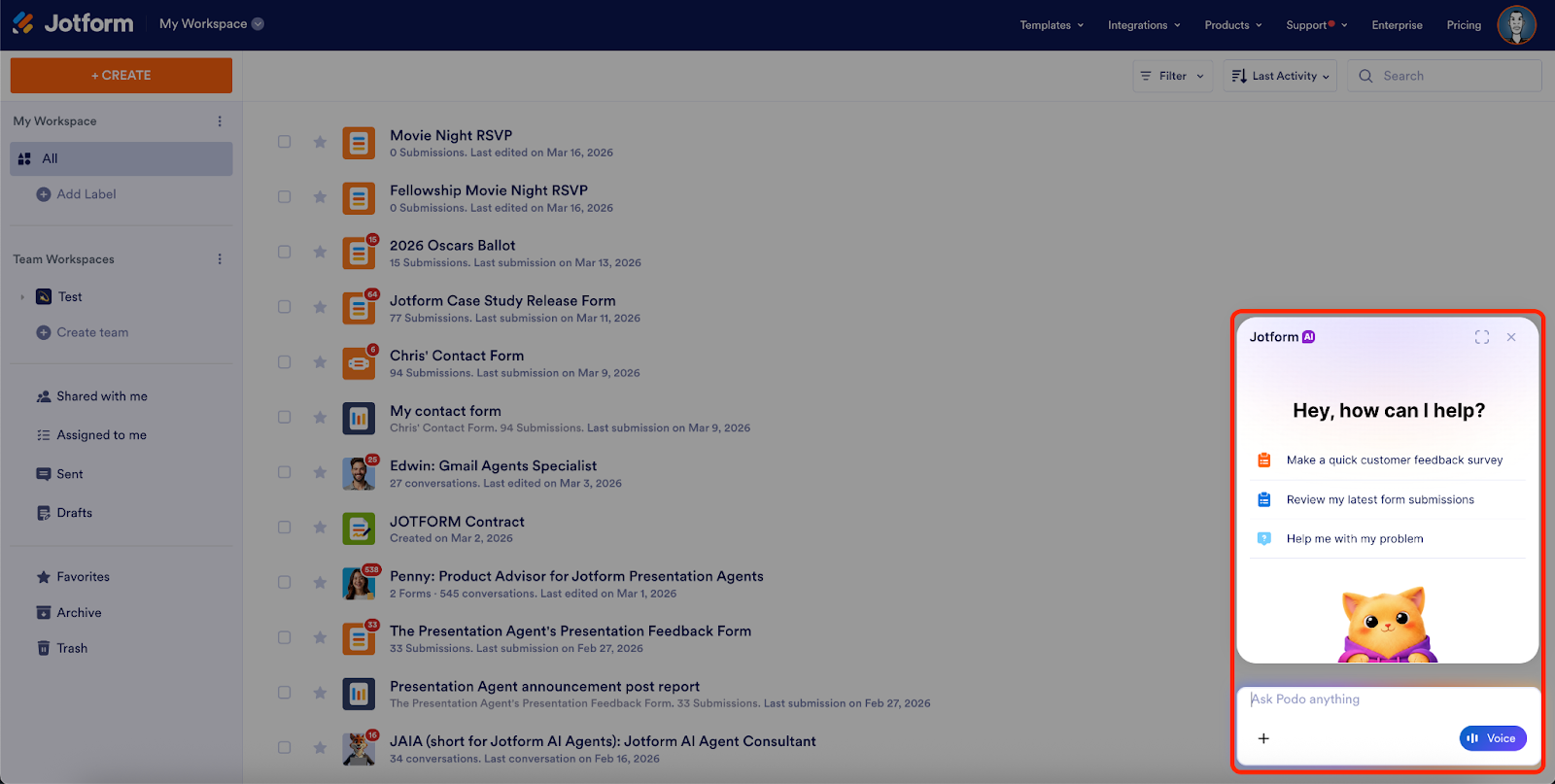 Viewing the Jotform AI at the bottom right of the page