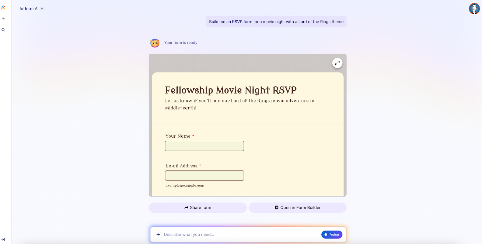 Viewing the conversation with the Jotform AI displaying the message "Build me an RSVP form for a movie night with a Lord of the Rings theme"