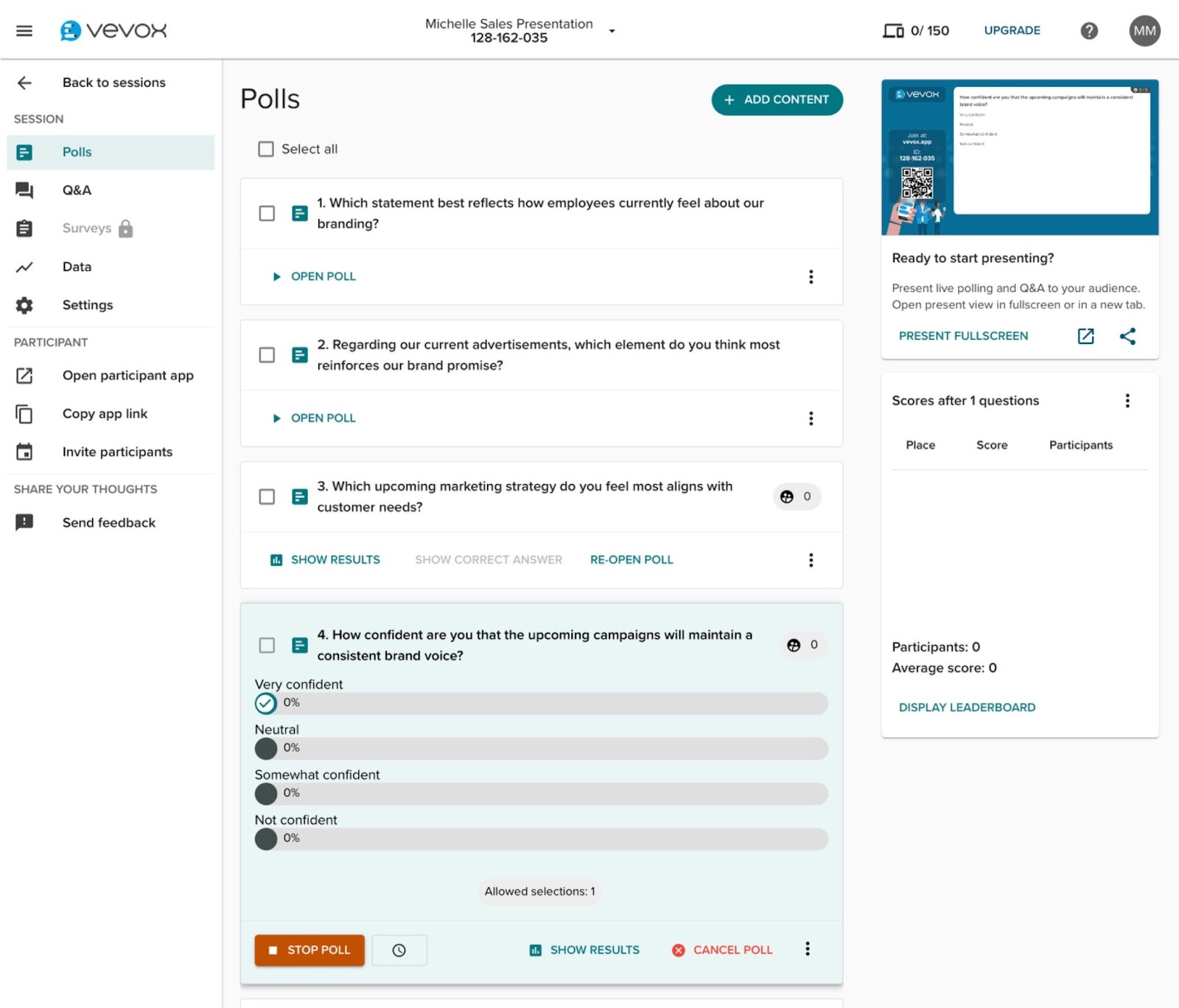 Panel de encuestas de Vevox mostrando preguntas de encuesta en vivo, resultados de respuestas y controles de integración de presentación