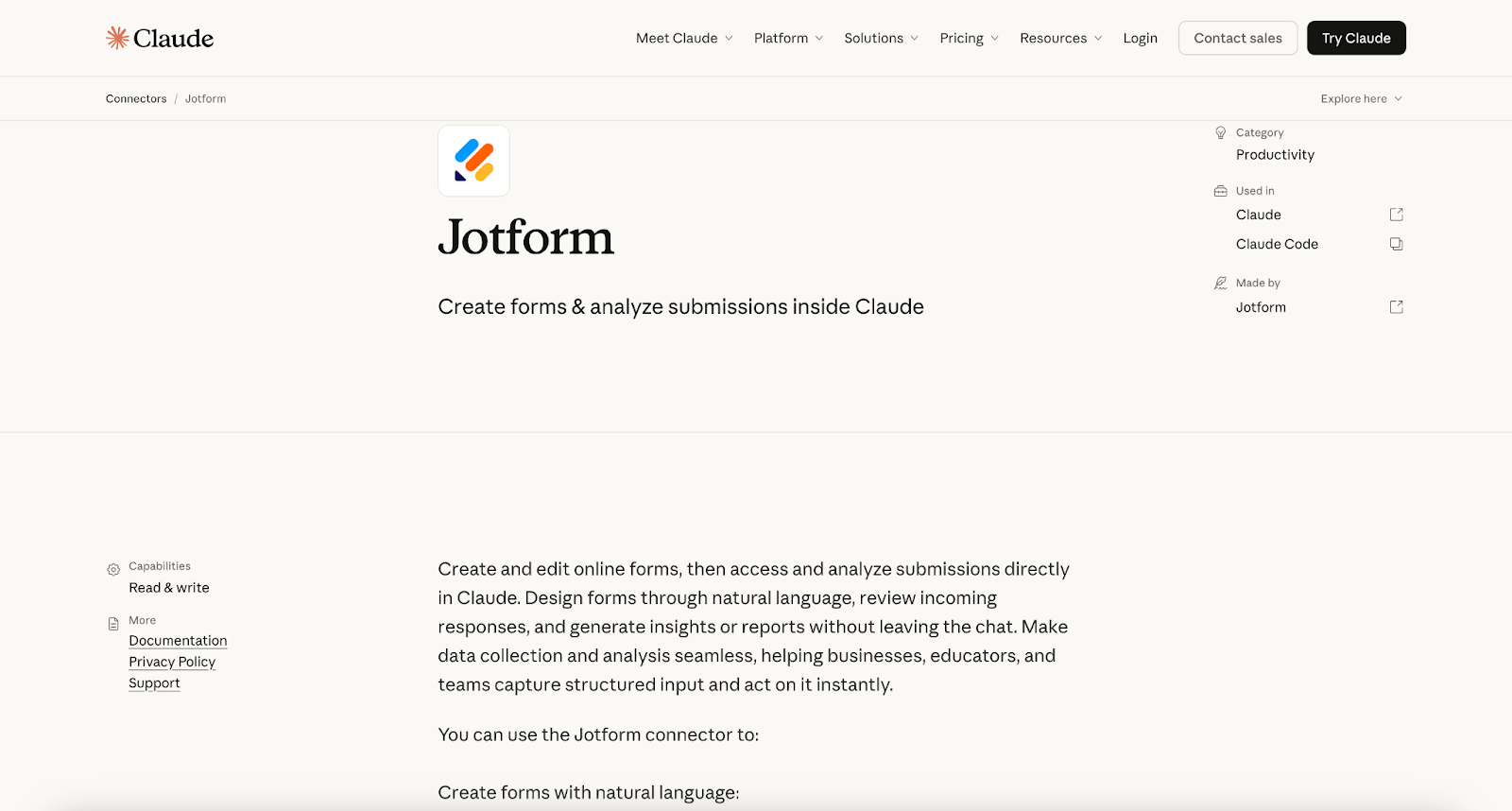Claude interface showing Jotform connector page with form creation and analytics description