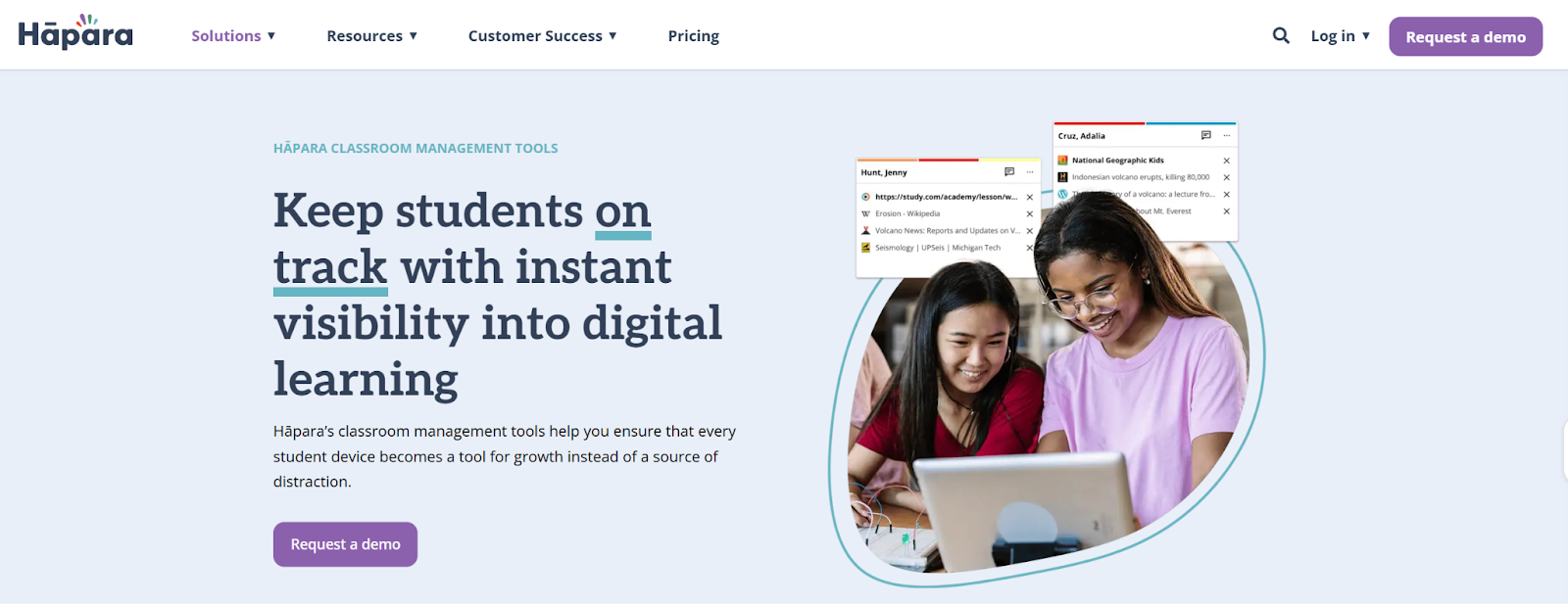 Screenshot of Hapara's landing page, showing a headline "Keep students on track with instant visibility into digital learning"