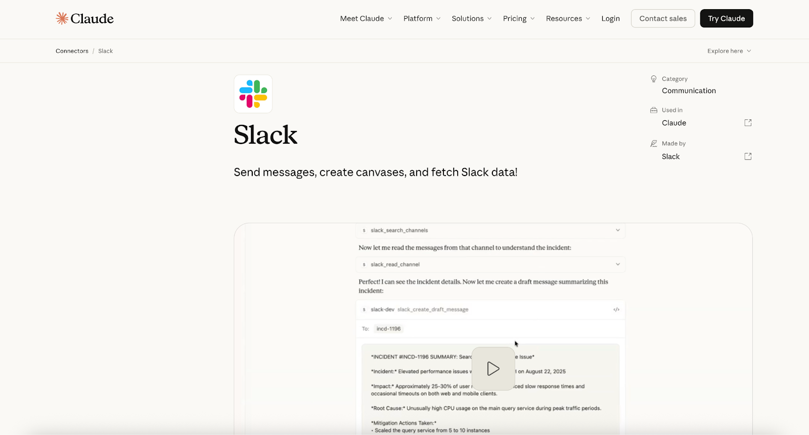 Claude interface showing Slack connector page