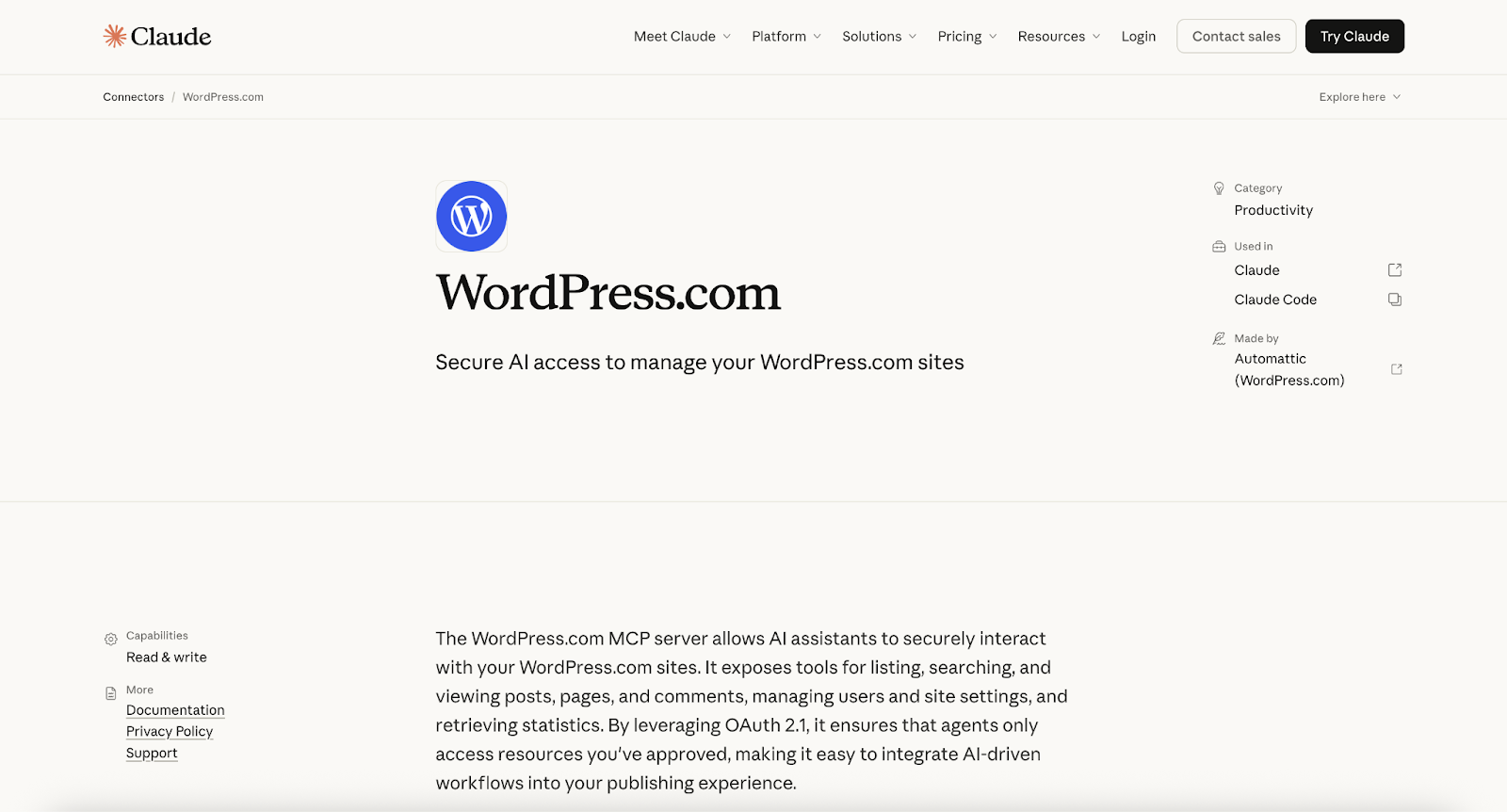 Claude interface showing WordPress