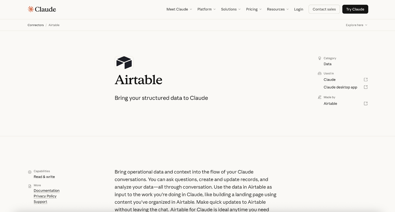 Claude interface showing Airtable connector page