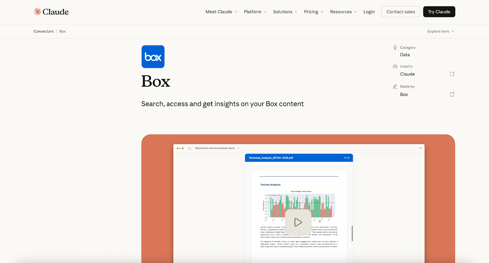 Claude interface showing Box connector page